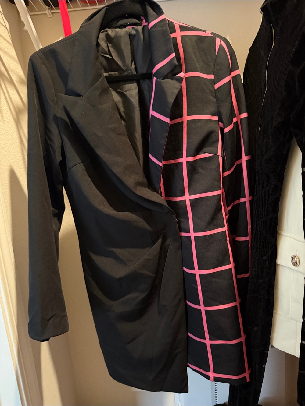 Black Women's Windowpane Blazer dress with Pink Grid Detail